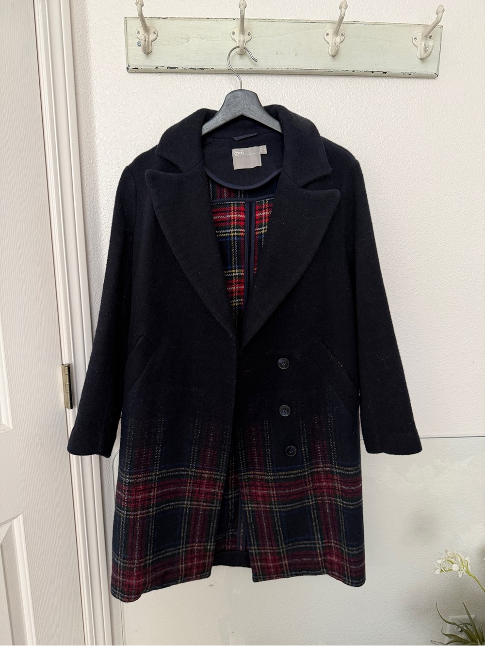ASOS Navy Blue Pea Coat with Red Plaid Hem - US 4